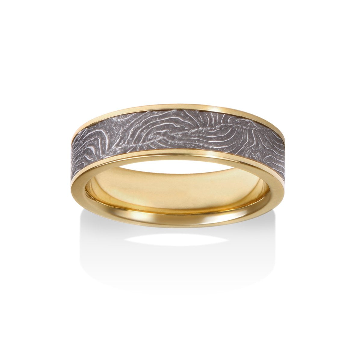 Yellow gold ring with a Damascus steel inlay, on a white background.