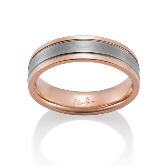 Rose gold band ring on a white background