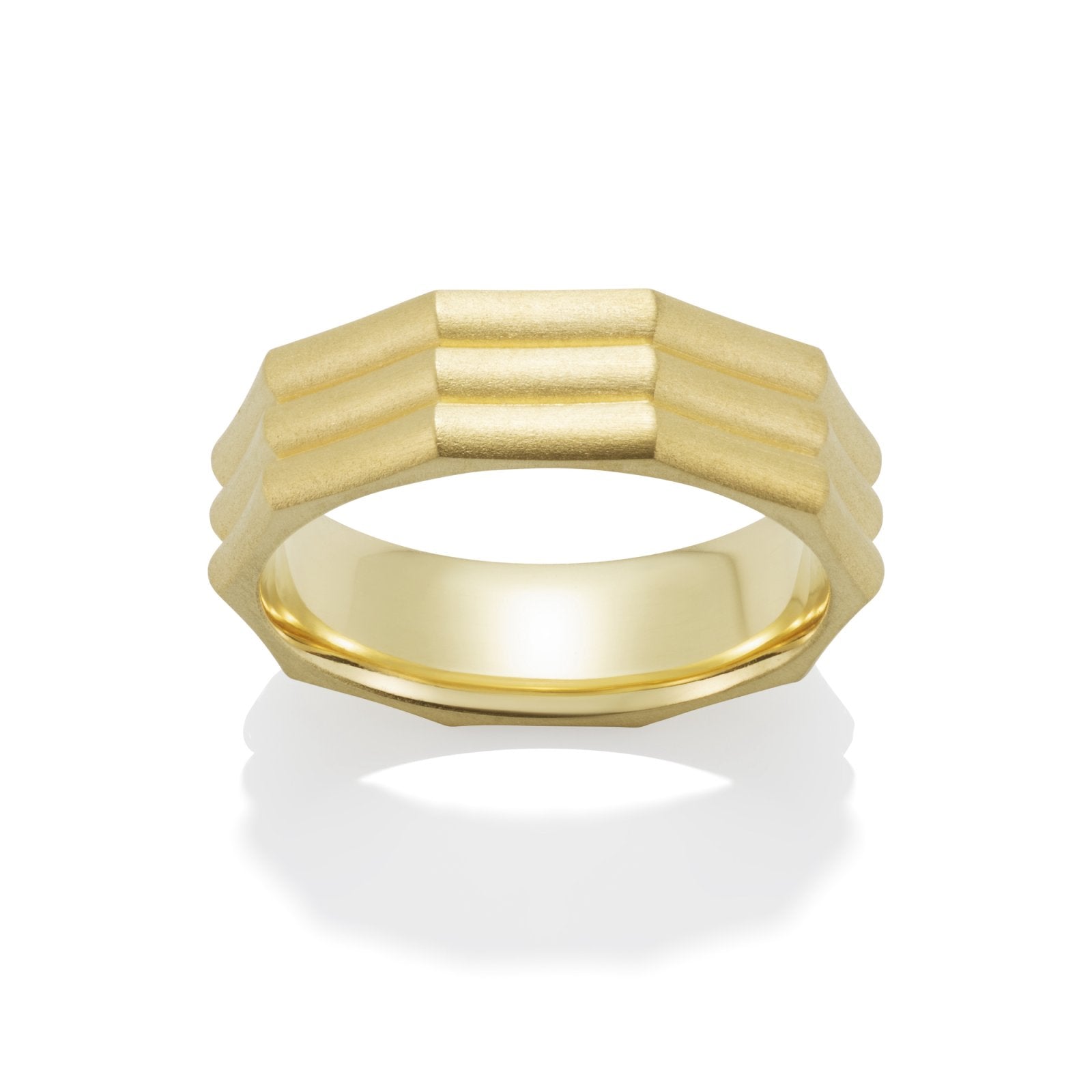 Yellow gold band ring on a white background