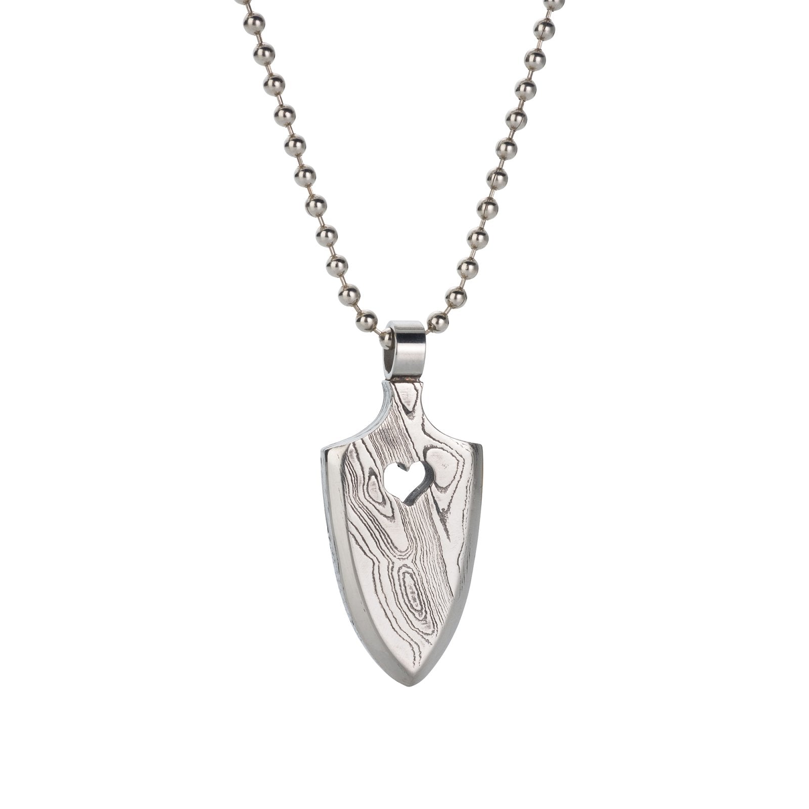 Silver Damascus necklace on a white background. 