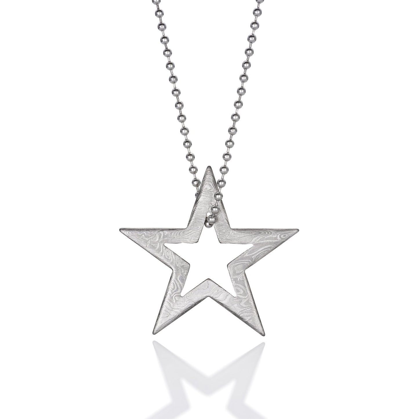 Silver star-shaped pendant with a cutout star design and a textured, Damascus steel pattern, hanging on a silver ball chain necklace, on a white background