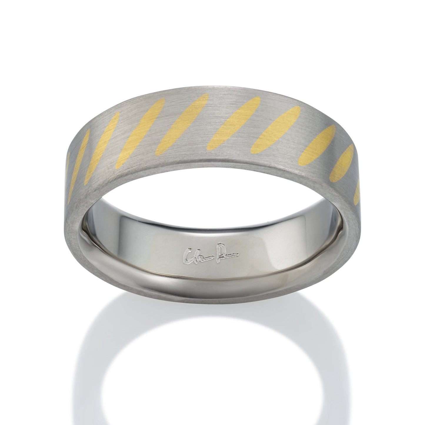 Two-tone silver and gold ring with a  striped pattern on a white background