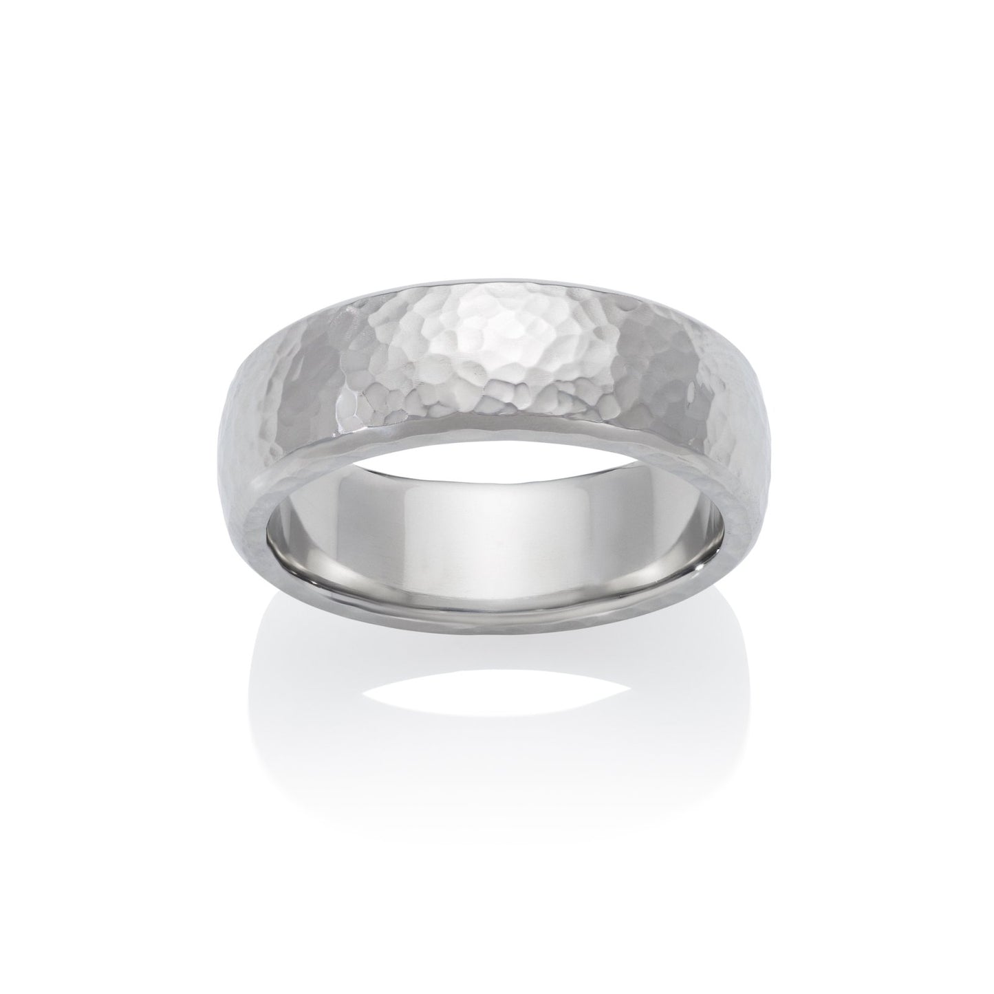 Silver ring with a textured, hammered surface on a white background.