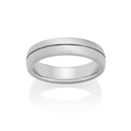 Silver ring with a brushed finish and a black line down the center, on a white background.