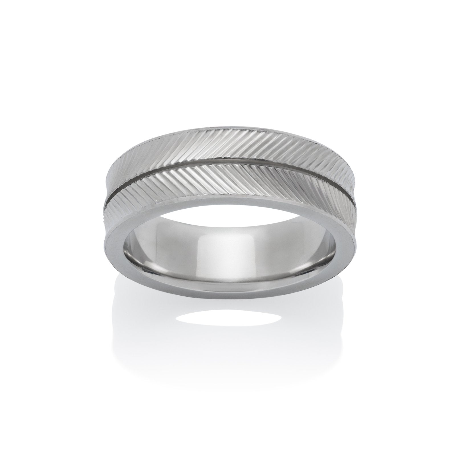 Silver ring with a textured, striped pattern and a central groove, on a white background.