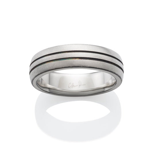 Silver ring with two parallel lines and a textured, brushed finish, on a white background