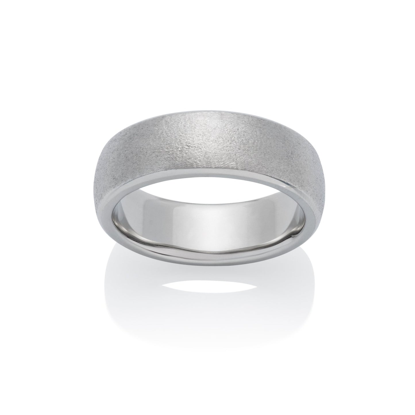 Silver ring with a textured, brushed finish on a white background