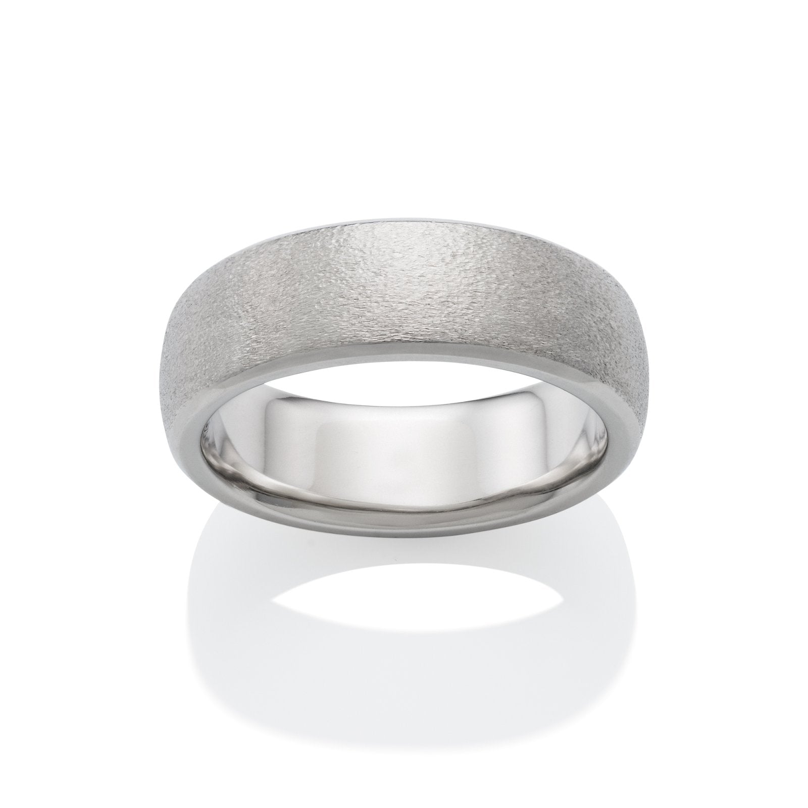 Silver ring with a textured, brushed finish on a white background