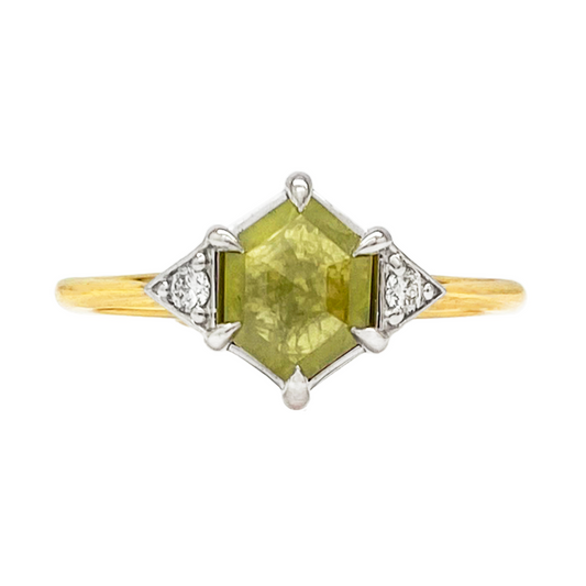 Gold hexagonal yellow diamond ring with diamond accents.