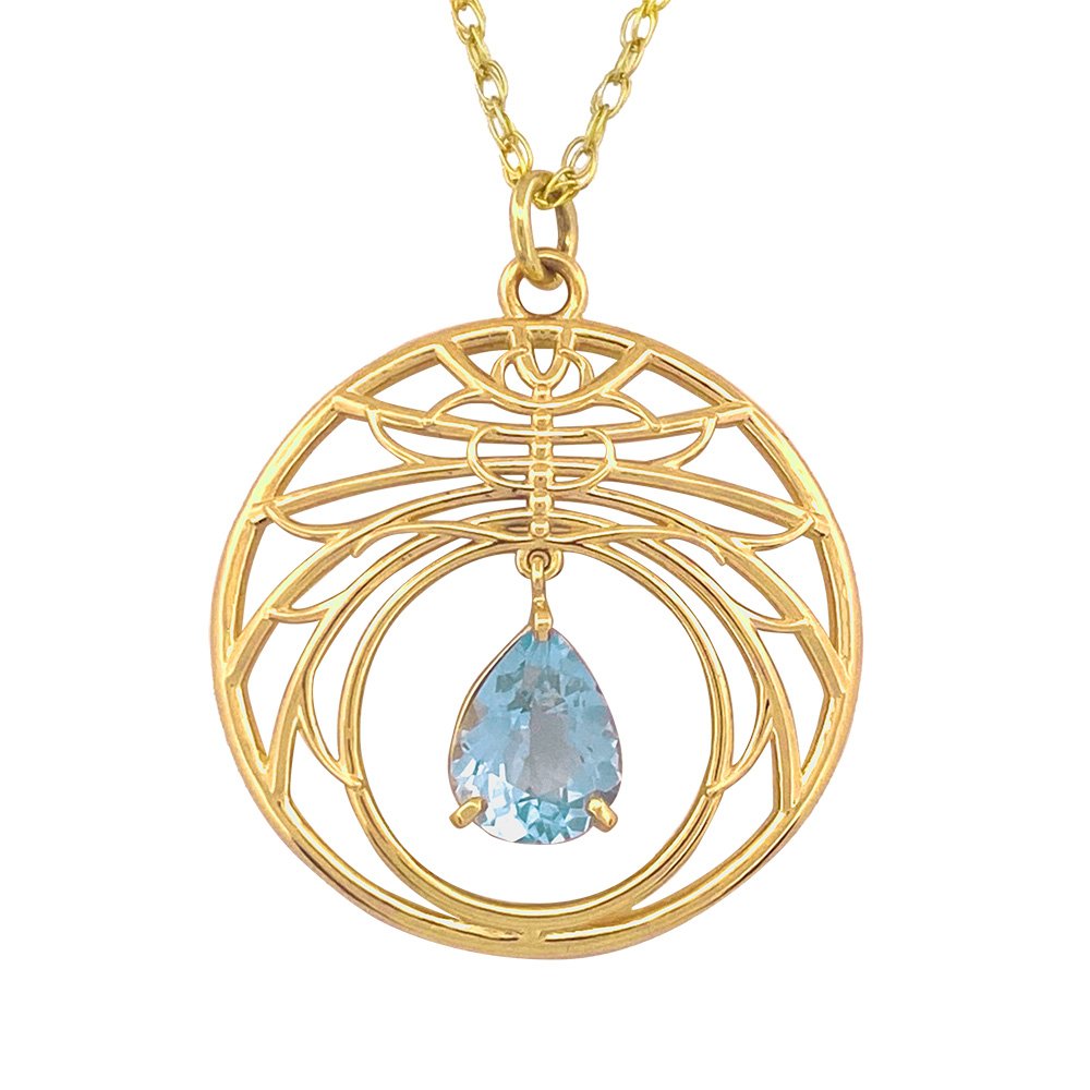 Gold pendant with a delicate, circular design featuring intricate Art Nouveau-style motifs.