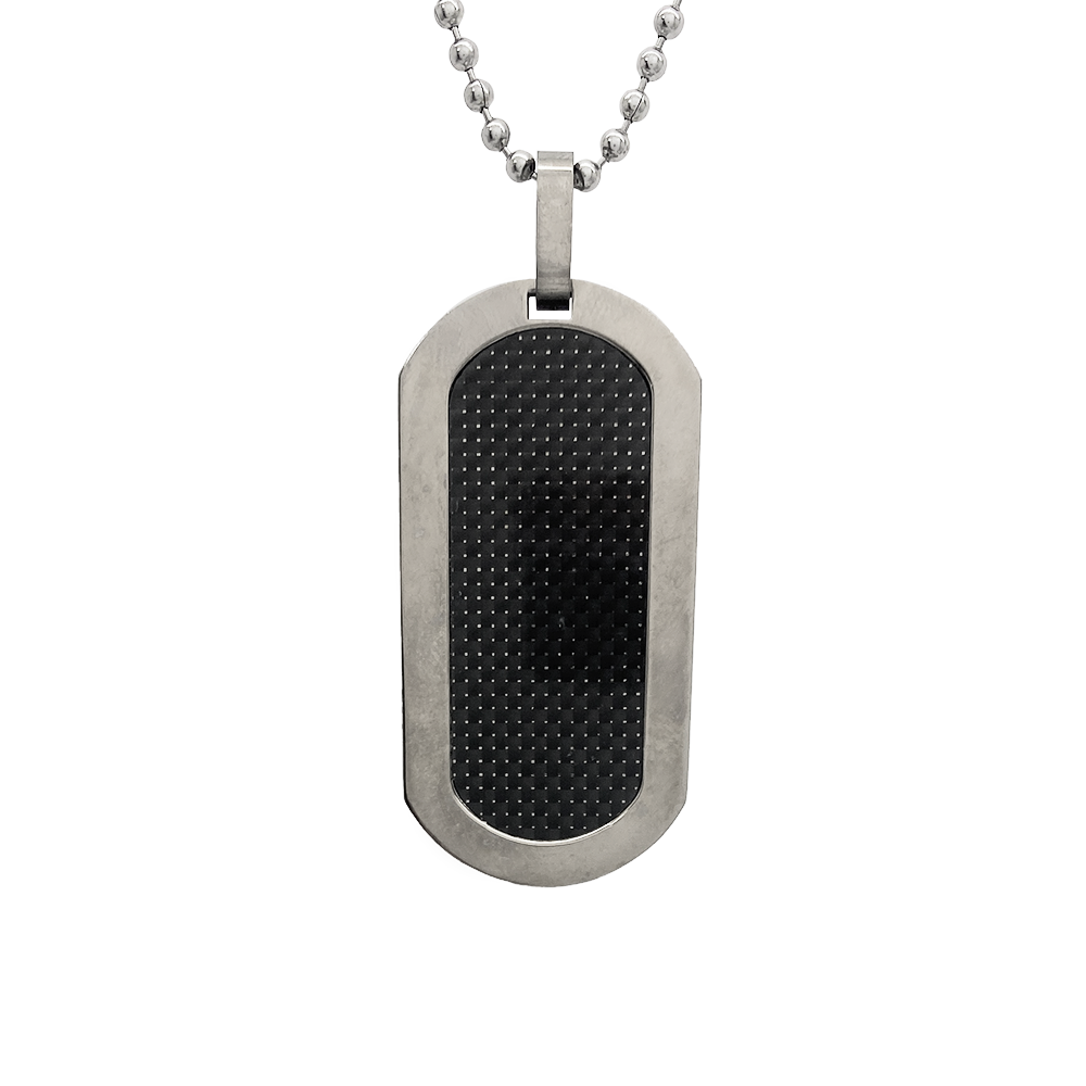 Silver dog tag pendant with black carbon fiber inlay.