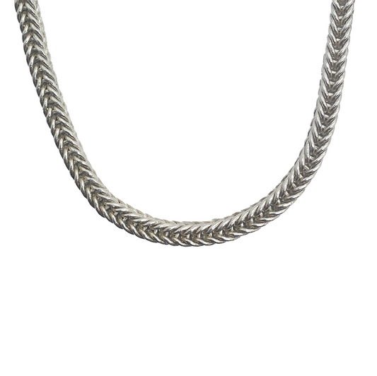 Silver foxtail chain necklace with a woven, herringbone pattern.